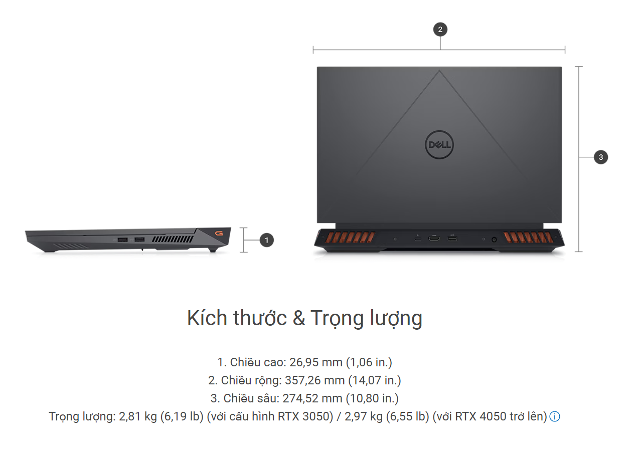 Laptop Dell G15 5530 - i7HX161W11GR4060 kích thước