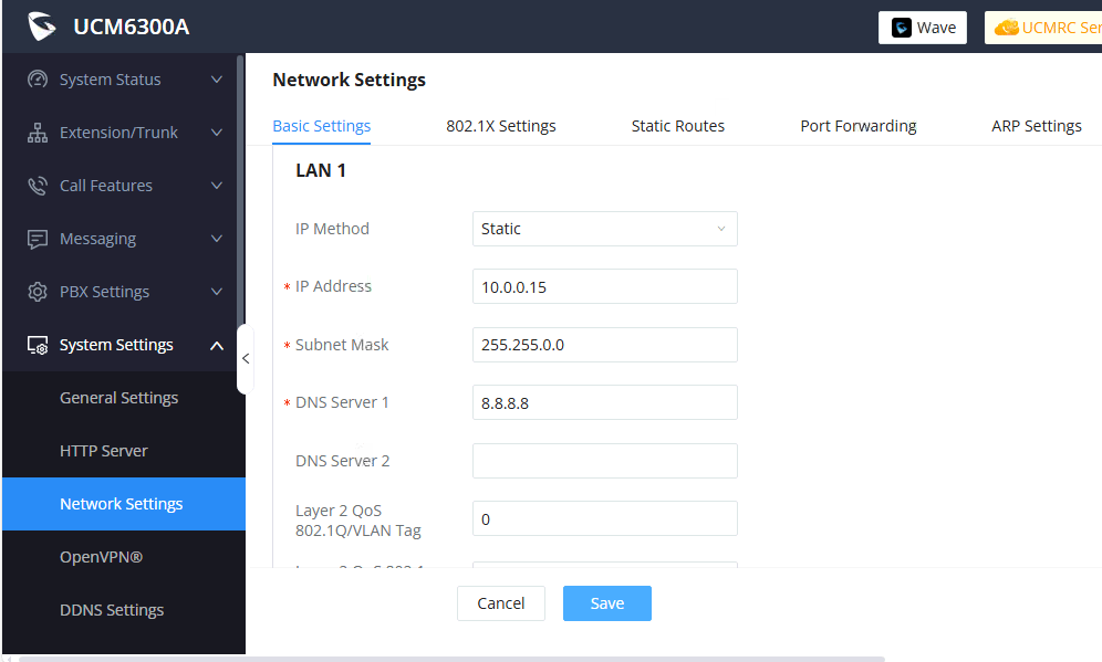 Giao diện cài đặt địa chỉ IP của tổng đài Grandstream