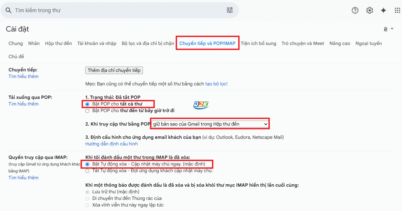 Bật kết nối Imap Pop3 tài khoản Gmail