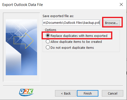 Bước 5: Chọn nơi lưu trữ file export backup mail Outlook