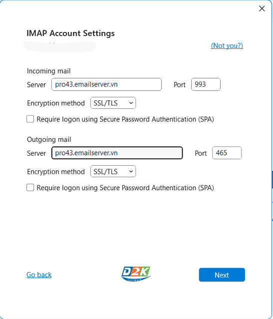 Nhập thông tin máy chủ mail