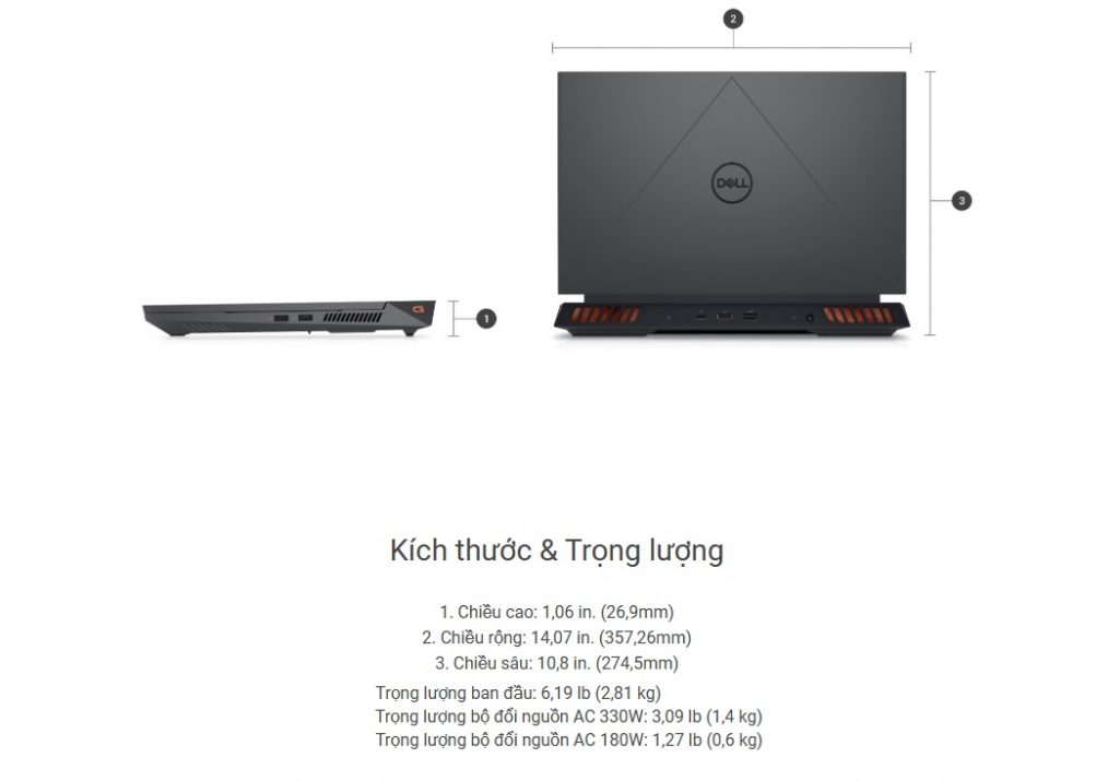 Kích thước và trọng lượng Laptop Dell Gaming G15 5530 71053700