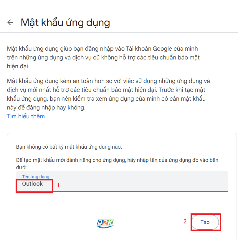 Bước 2: Tạo mật khẩu ứng dụng cho tài khoản Email của Google (Hình 2)