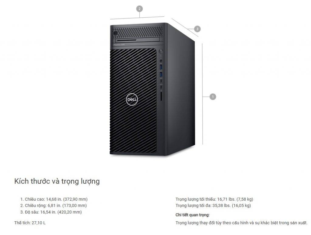 kích thước và trọng lượng Máy trạm Dell Precision 3680 Tower 