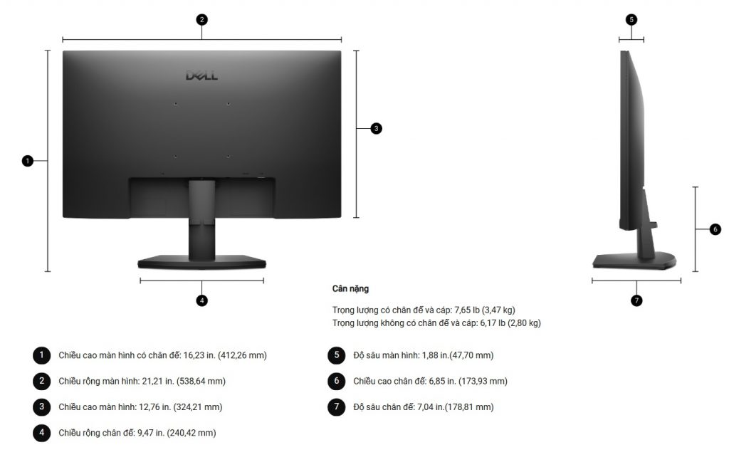 Kích thước và trọng lượng Màn Hình Dell SE2425HM