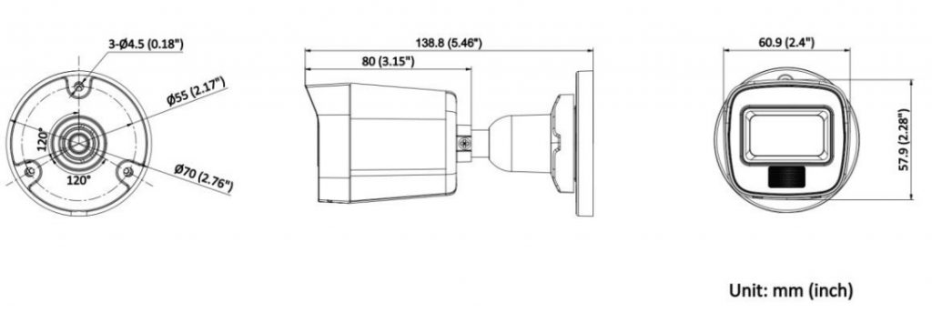 Kích thước Camera HD-TVI Hikvision DS-2CE16D0T-EXLF