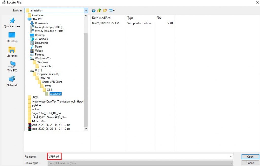 Cài lại bằng Add legacy hardware → Network adapters → Have Disk → file .inf của Smart VPN Client