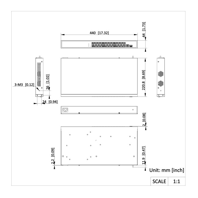 Kích thước Smart Switch PoE Hikvision DS-3E1526P-EI/M 24 Port