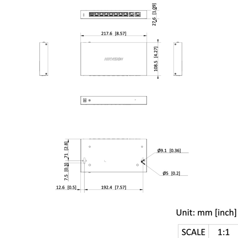 Kích thước Switch PoE Hikvision DS-3E1310P-EI/M 10 Port