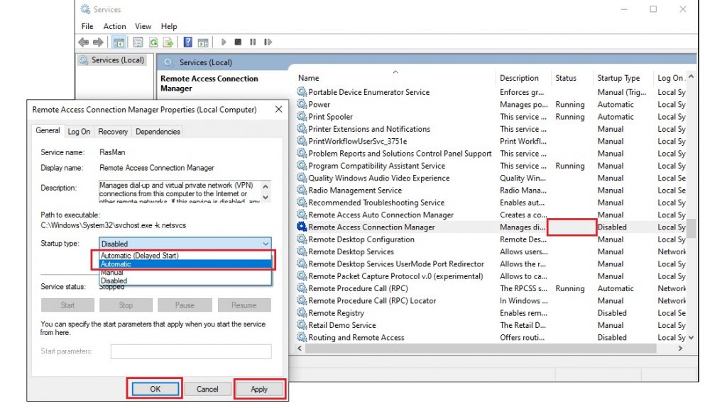 Tìm Remote Access Connection Manager