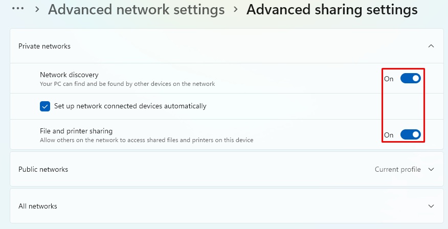 Bật Network Discovery và Printer Sharing