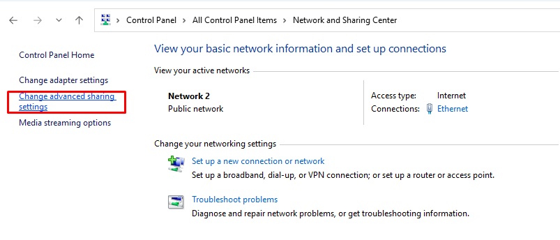 Mở Network and Sharing Center