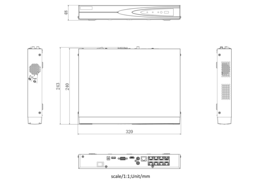 Kích thước Đầu Ghi IP Hikvision DS-7608NI-K1/8P(C) 8 Kênh