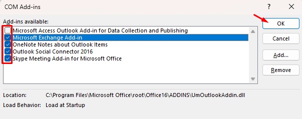 Bỏ chọn các Add-in không cần thiết