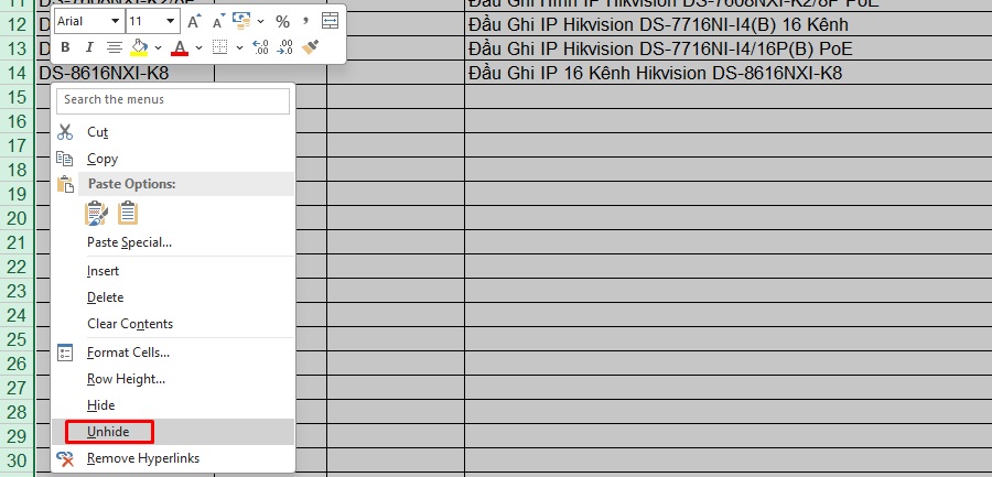 Hiển Thị Lại Dòng Bị Ẩn (Unhide)