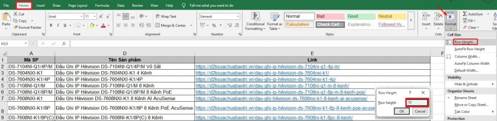 Thiết Lập Lại Độ Cao Dòng (Row Height)