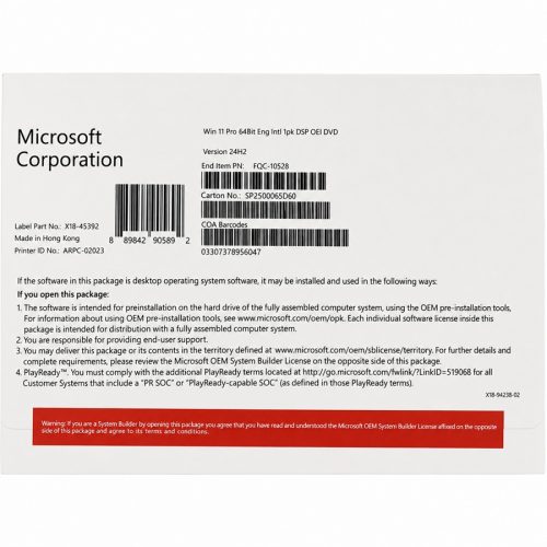 Microsoft Windows Pro 11 64Bit Eng Intl 1pk DSP OEI DVD FQC-10528